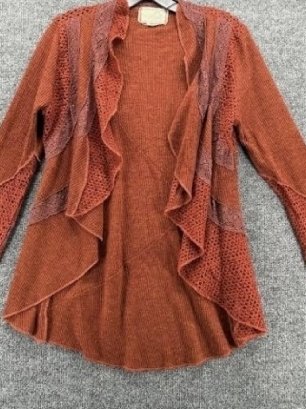 Nick & Mo Boho Open Front Knit Cardigan Rust Maroon Cascading - Size L